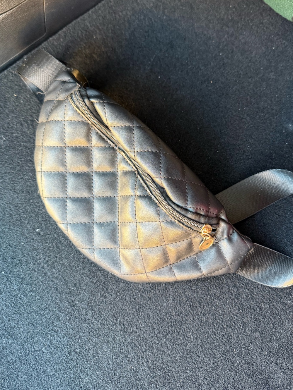 Quilted Black Faux Leather Belt Bag with Gold Zipper